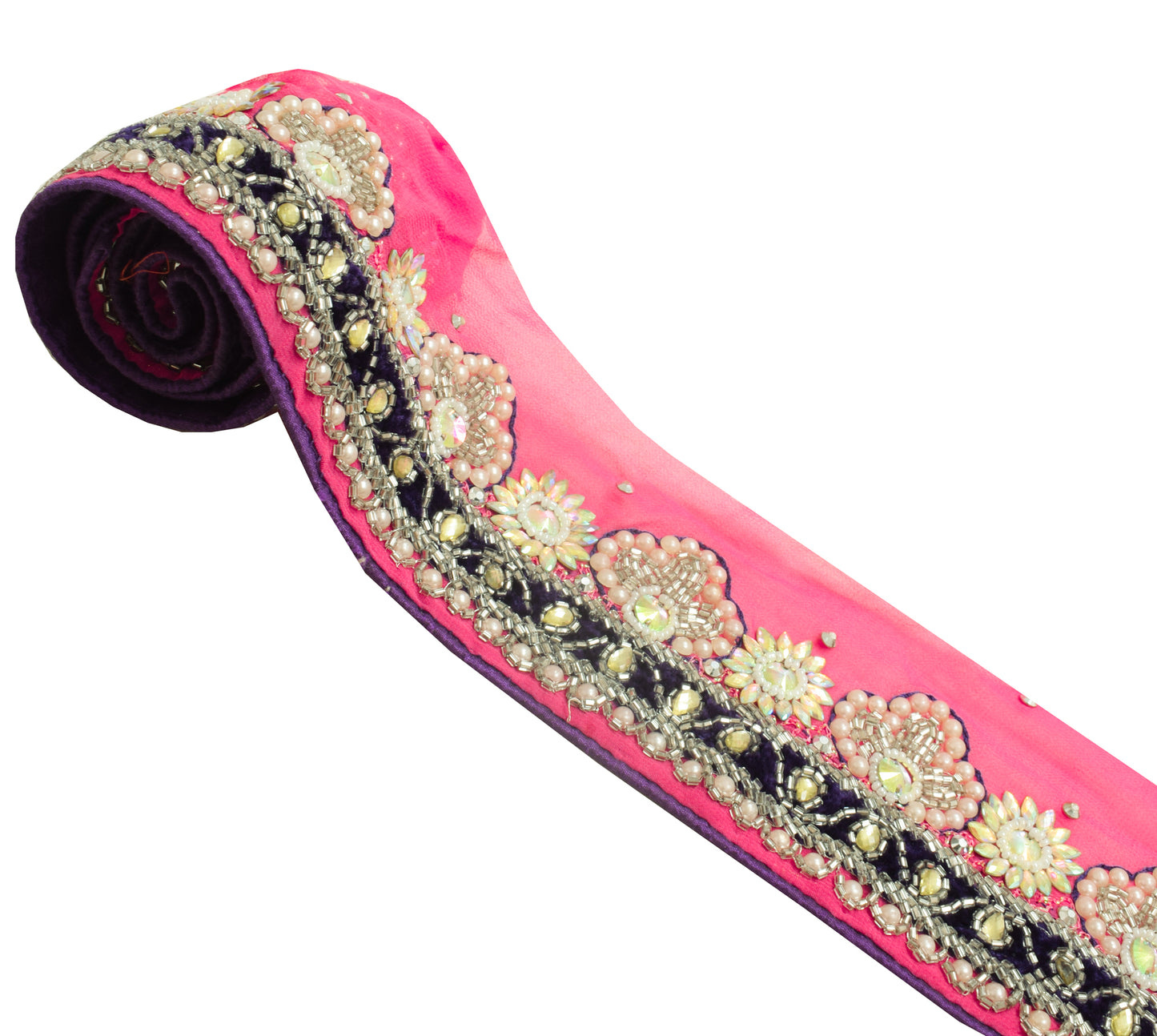 Sushila Vintage Pink Georgette Saree Border Craft Sewing Trim Hand Beaded Lace
