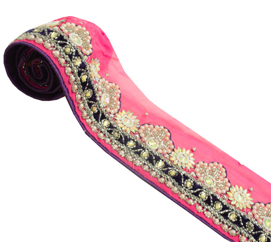 Sushila Vintage Pink Georgette Saree Border Craft Sewing Trim Hand Beaded Lace