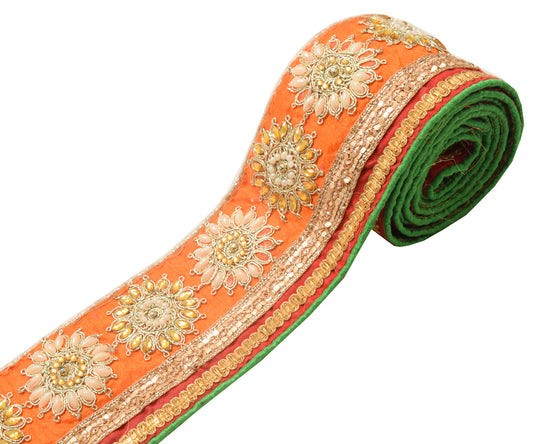 Sushila Vintage Orange Silk Saree Border Craft Sewing Trim Embroidered Ribbon