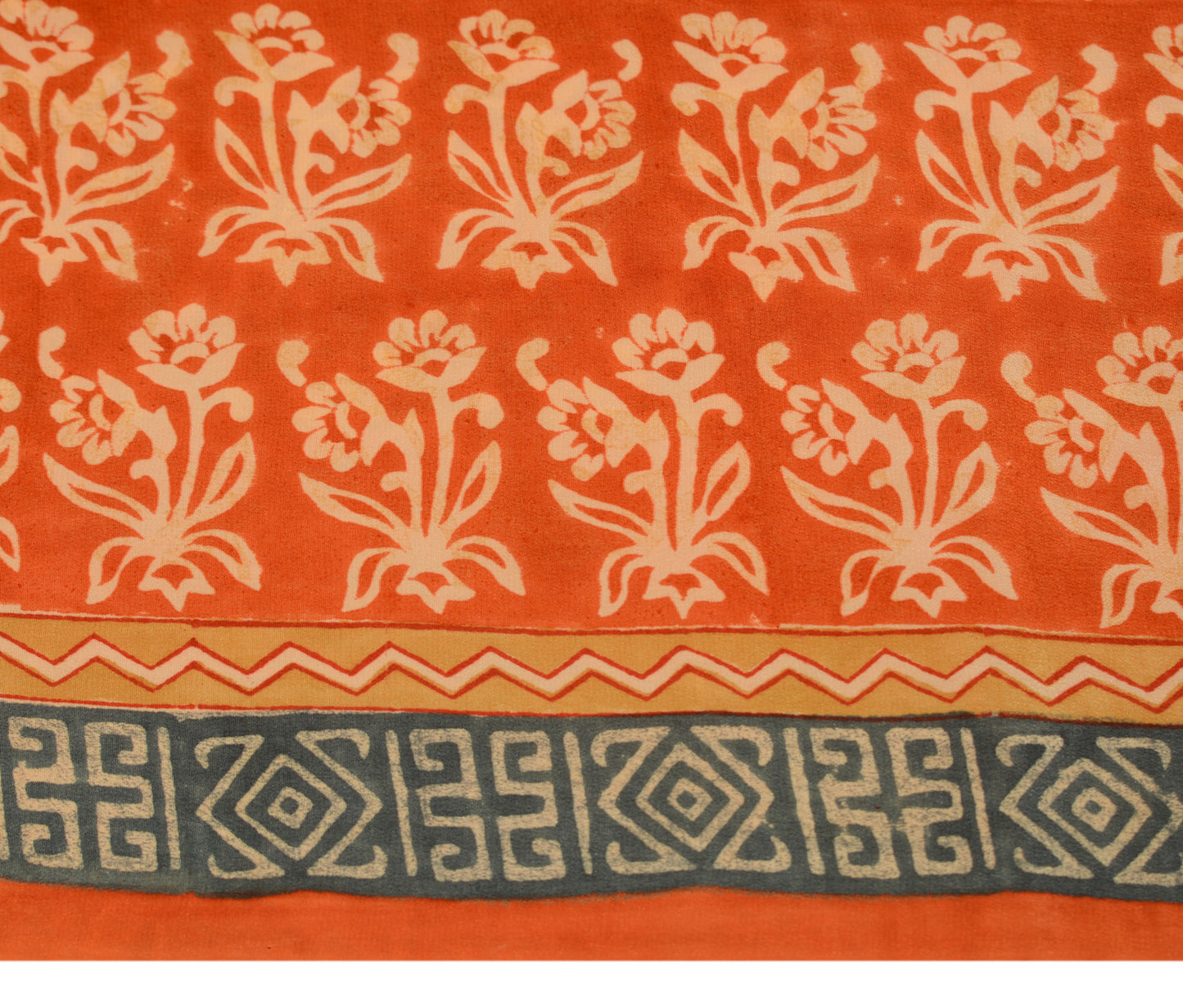 Sushila Vintage Orange Saree 100% Pure Crepe Silk Printed Floral Soft Fabric