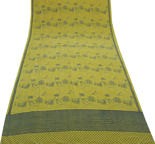 Sushila Vintage Green Saree 100% Pure Crepe Silk Printed Floral Soft Sari Fabric