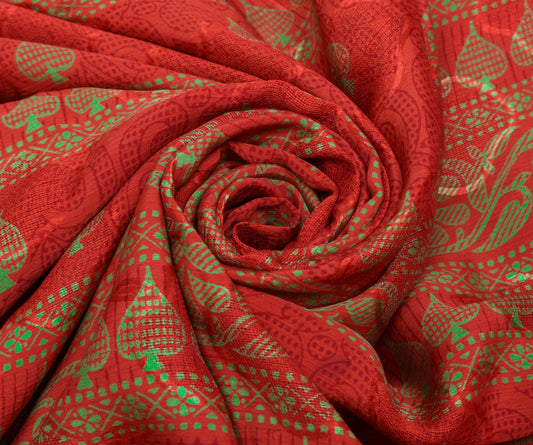 Sushila Vintage Red Saree Blend Crepe Silk Printed Floral Soft Craft Fabric