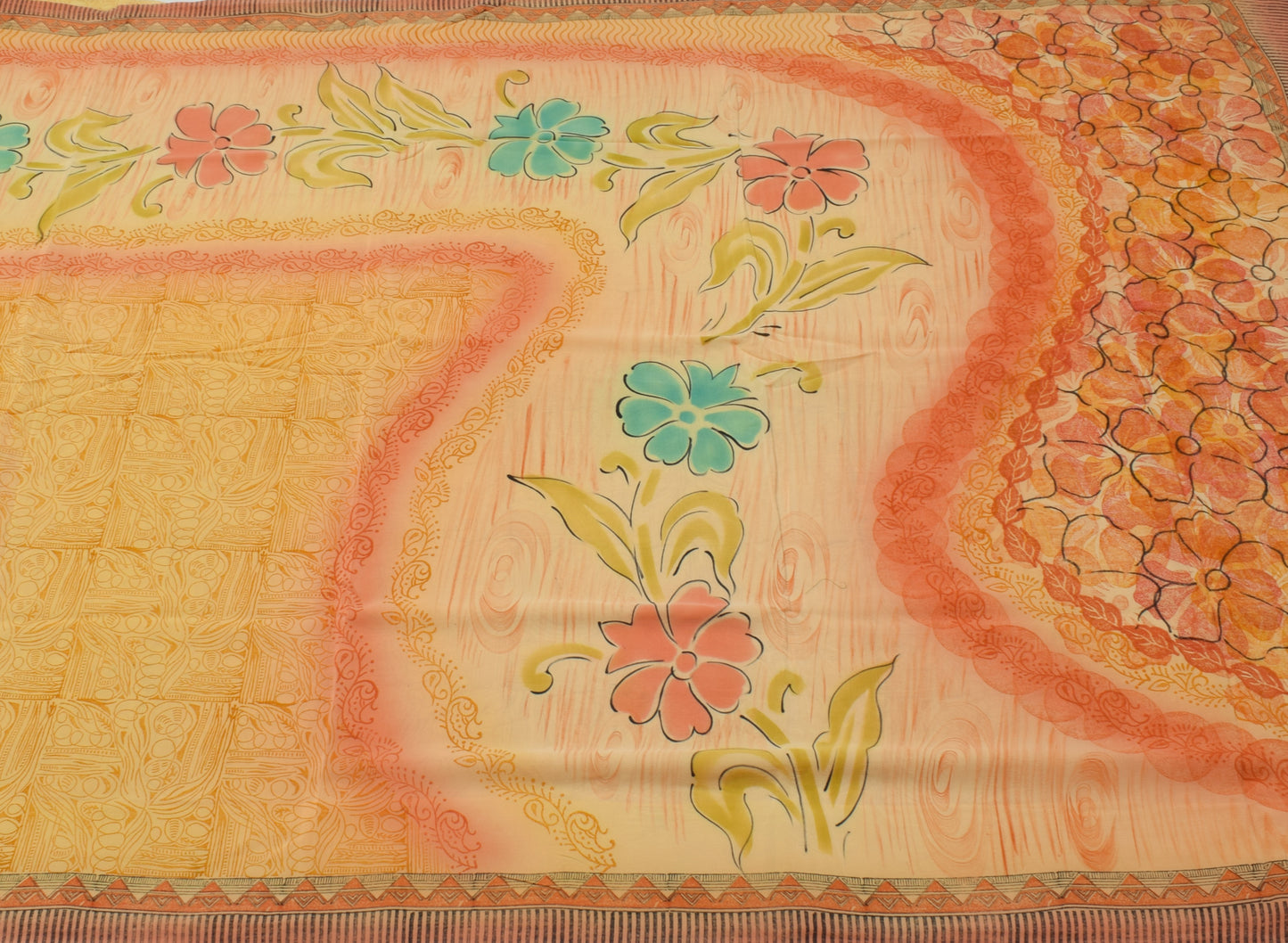 Sushila Vintage Yellow Saree 100% Pure Crepe Silk Printed Soft Craft Fabric