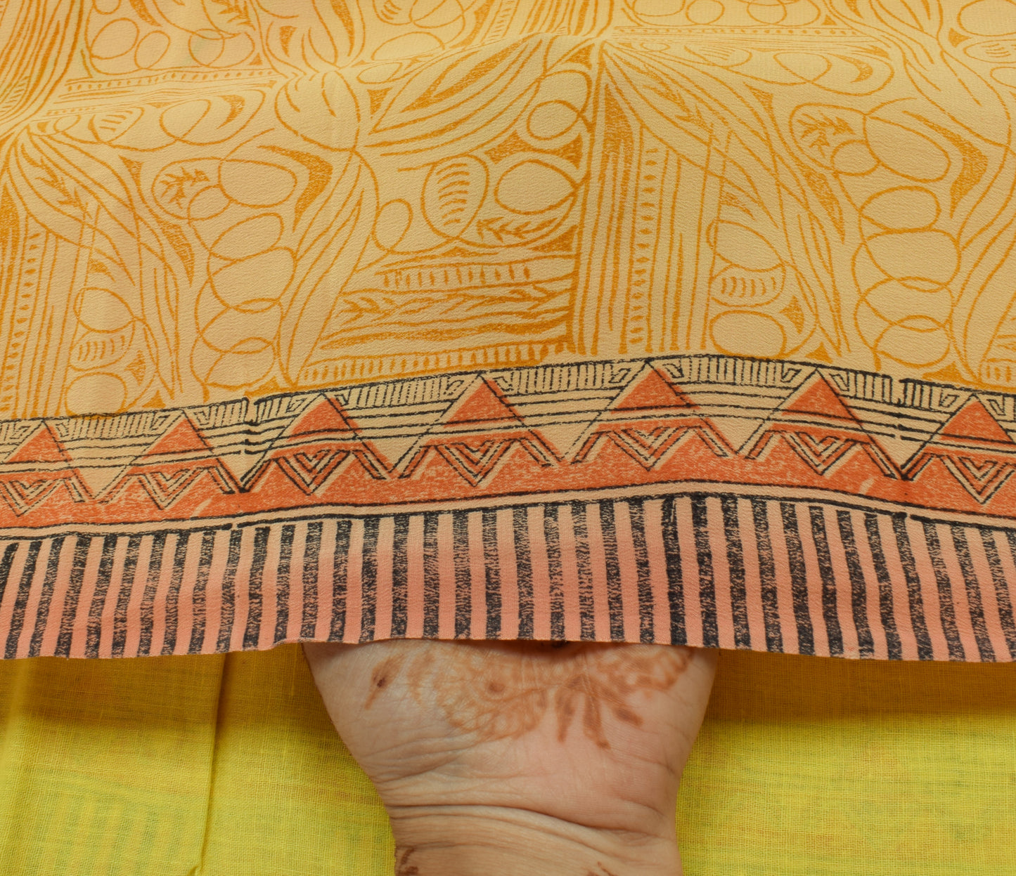 Sushila Vintage Yellow Saree 100% Pure Crepe Silk Printed Soft Craft Fabric