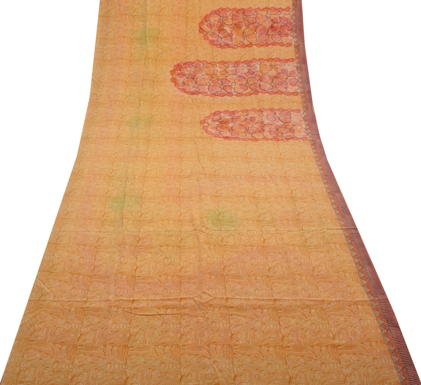 Sushila Vintage Yellow Saree 100% Pure Crepe Silk Printed Soft Craft Fabric