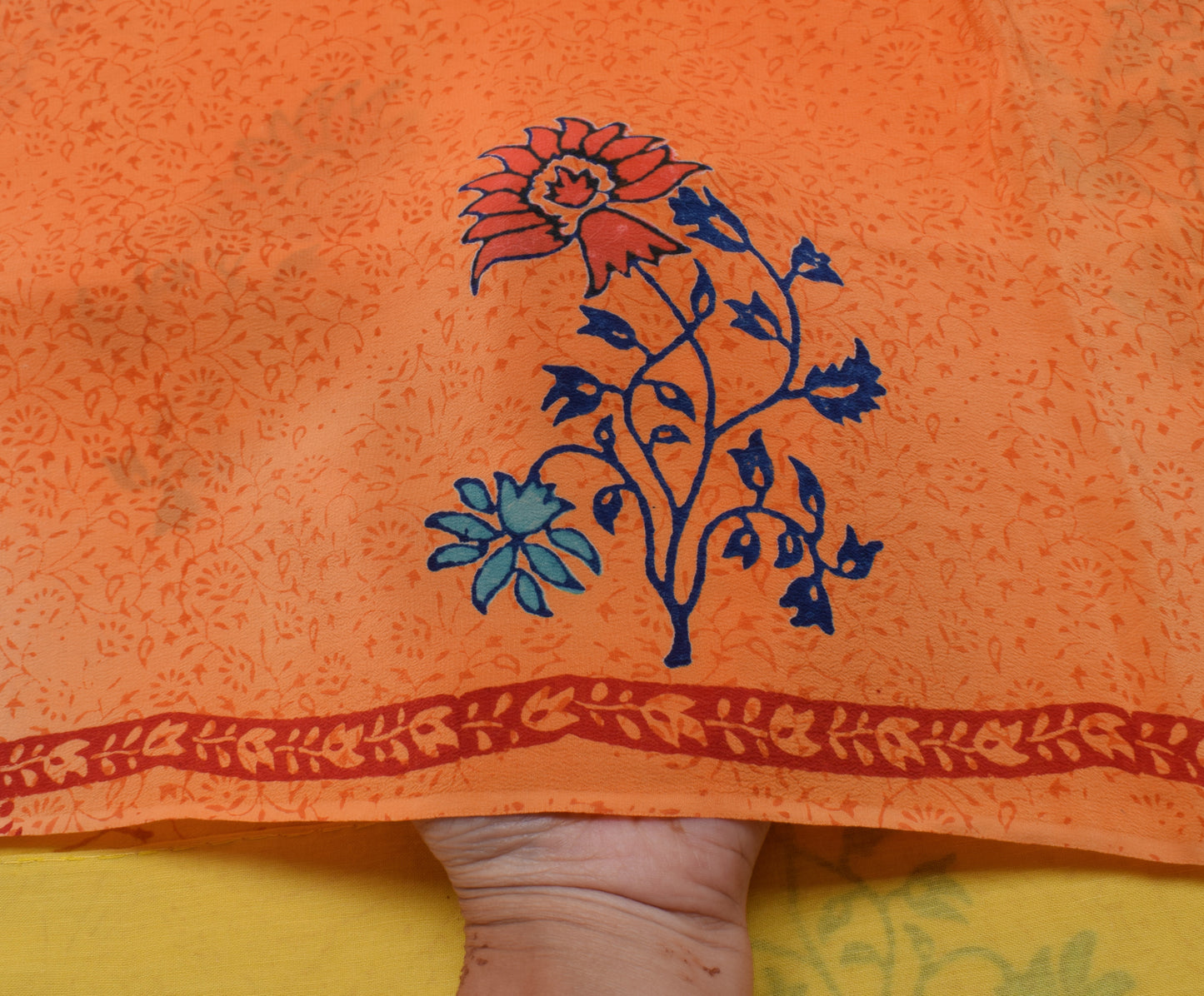 Sushila Vintage Orange Saree 100% Pure Crepe Silk Printed Floral Soft Fabric