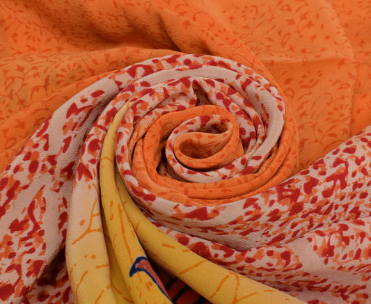 Sushila Vintage Orange Saree 100% Pure Crepe Silk Printed Floral Soft Fabric