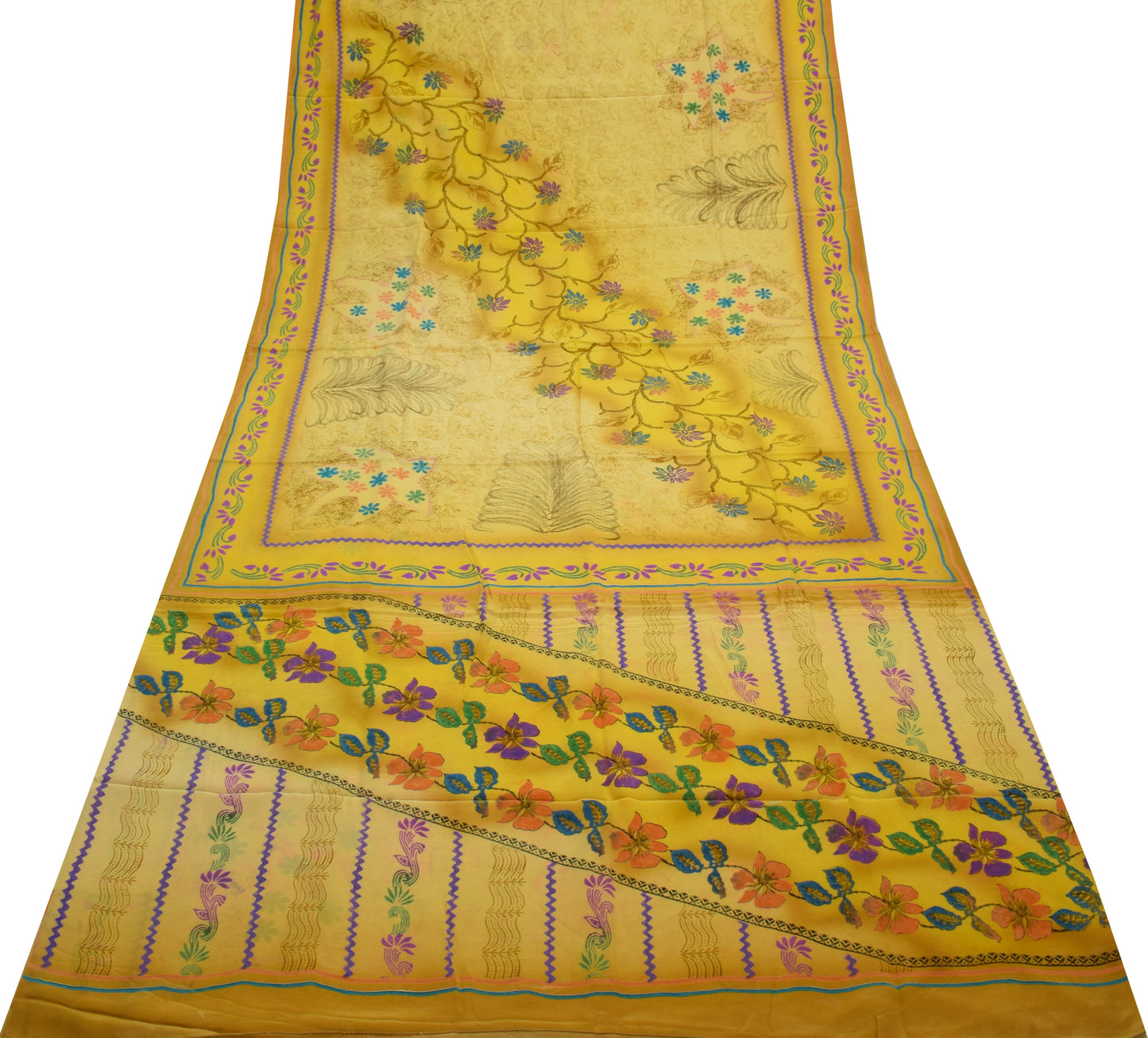 Sushila Vintage Yellow Saree 100% Pure Crepe Silk Printed Floral Soft Fabric