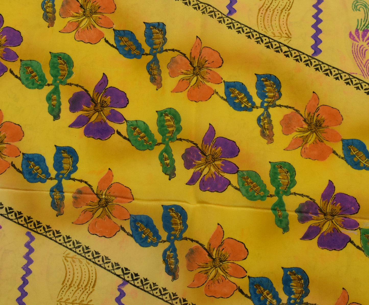 Sushila Vintage Yellow Saree 100% Pure Crepe Silk Printed Floral Soft Fabric
