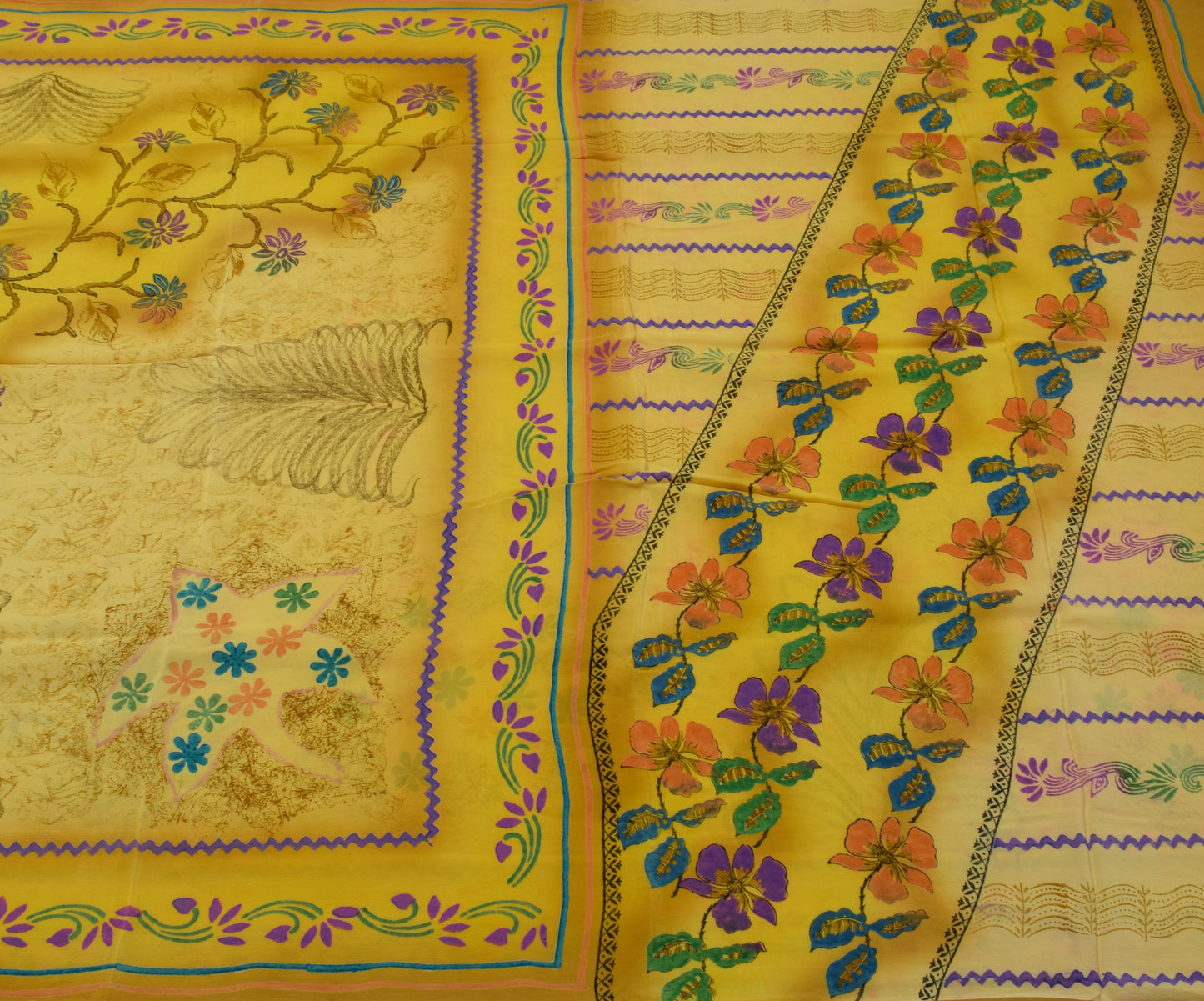 Sushila Vintage Yellow Saree 100% Pure Crepe Silk Printed Floral Soft Fabric