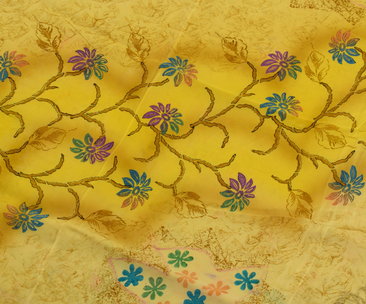 Sushila Vintage Yellow Saree 100% Pure Crepe Silk Printed Floral Soft Fabric