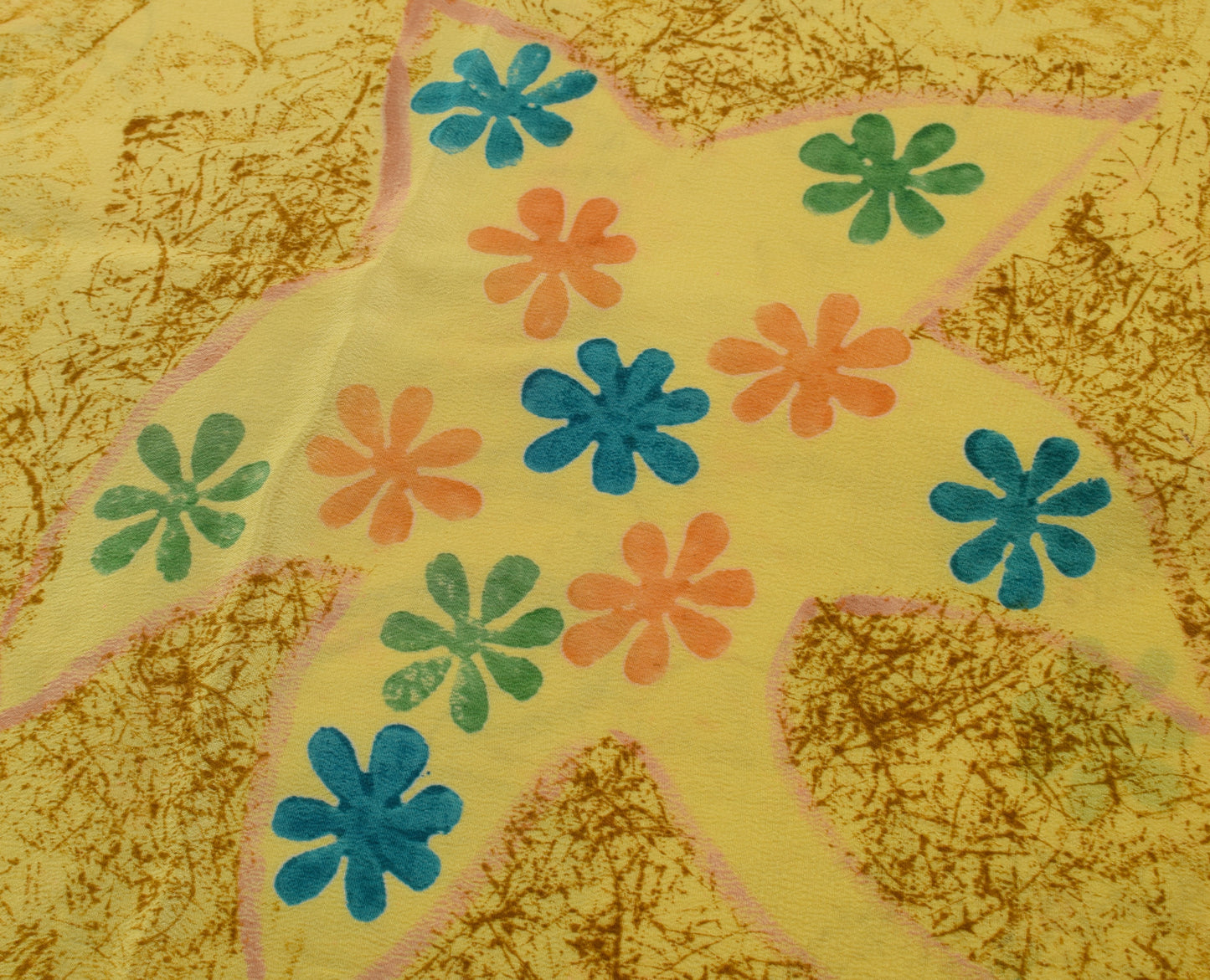 Sushila Vintage Yellow Saree 100% Pure Crepe Silk Printed Floral Soft Fabric