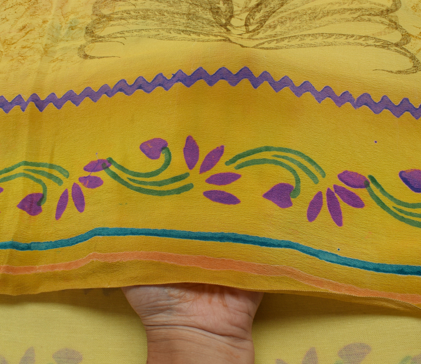 Sushila Vintage Yellow Saree 100% Pure Crepe Silk Printed Floral Soft Fabric