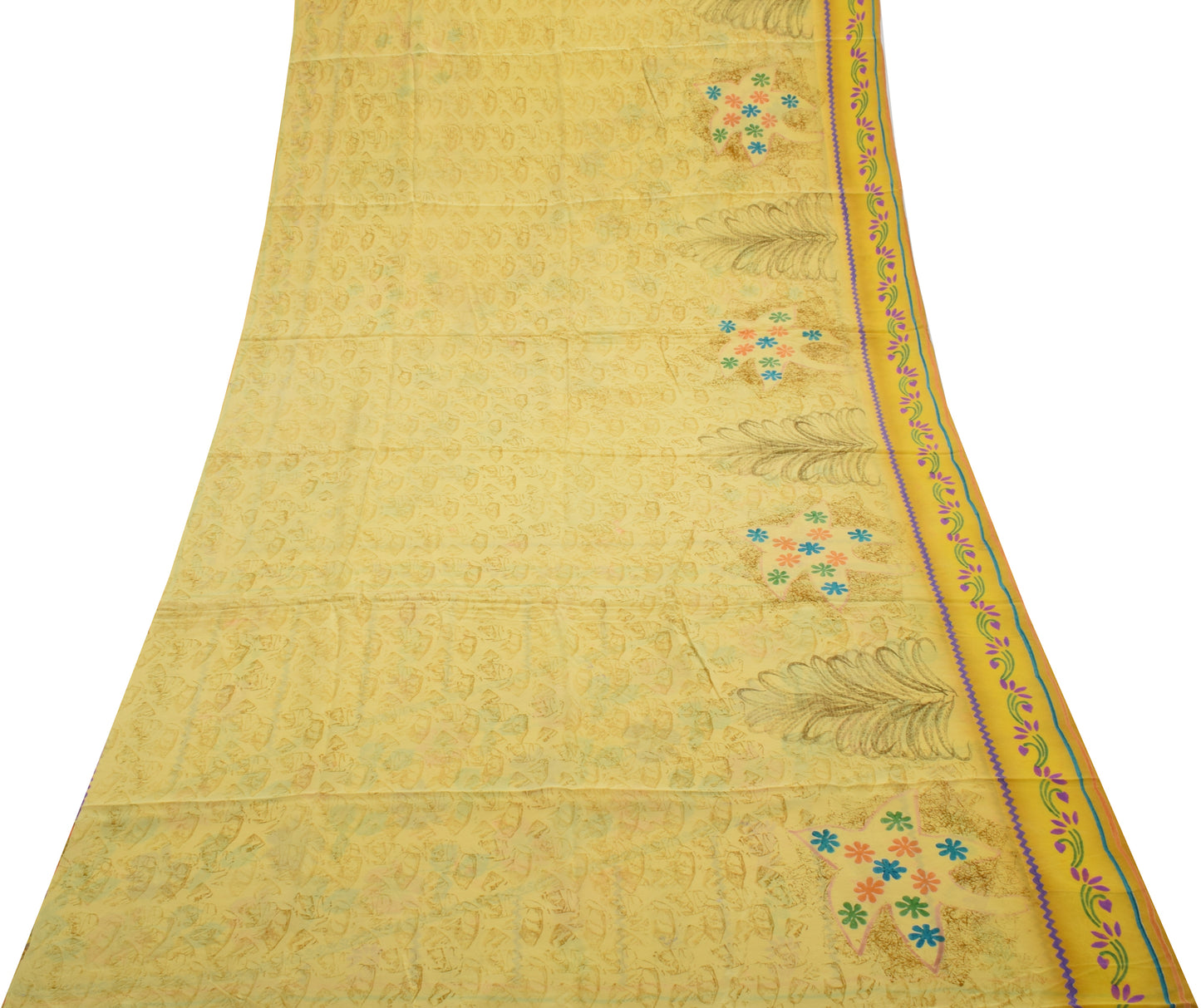 Sushila Vintage Yellow Saree 100% Pure Crepe Silk Printed Floral Soft Fabric