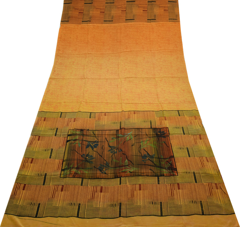 Sushila Vintage Orange Saree 100% Pure Crepe Silk Printed 5 Yard  Soft Fabric