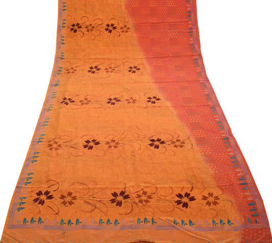 Sushila Vintage Indian Saree 100% Pure Crepe Silk Printed Floral Soft Fabric