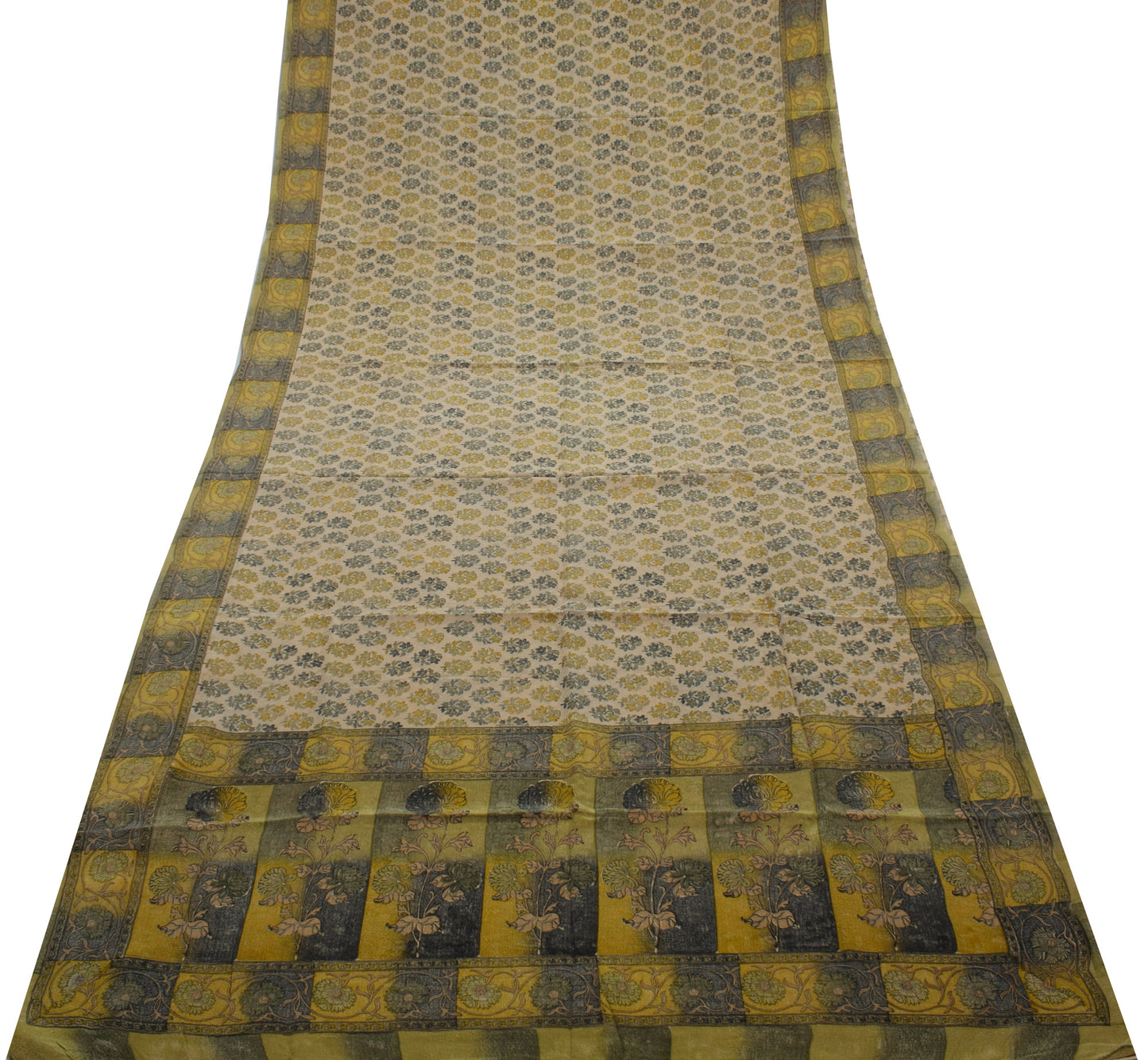 Sushila Vintage Cream Saree 100% Pure Crepe Silk Printed Floral Soft Fabric