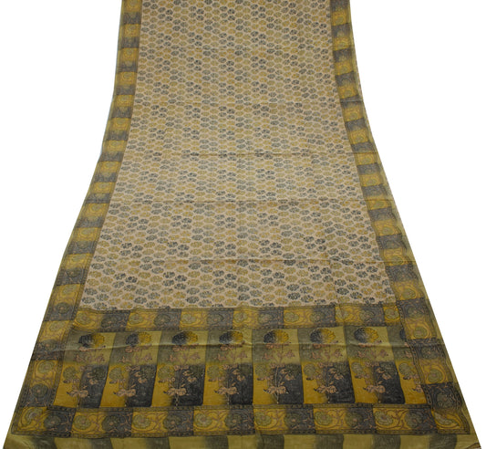 Sushila Vintage Cream Saree 100% Pure Crepe Silk Printed Floral Soft Fabric