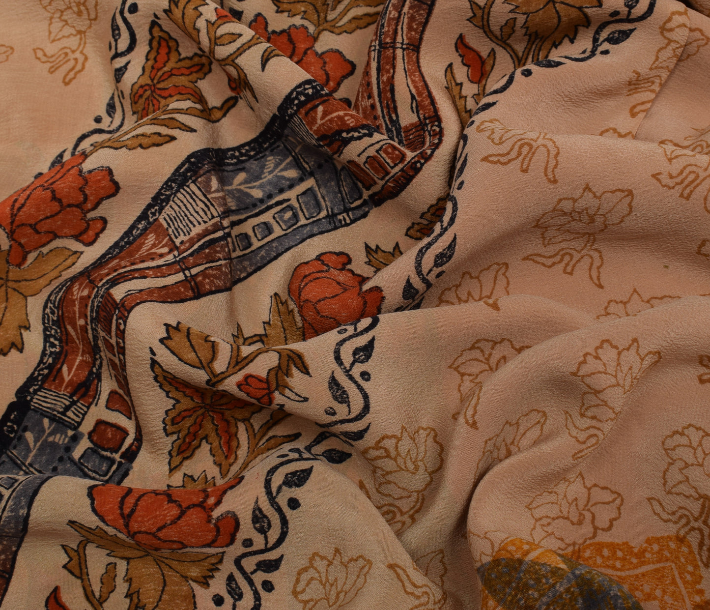 Sushila Vintage Light Brown Saree Pure Crepe Silk Printed Floral Soft Fabric