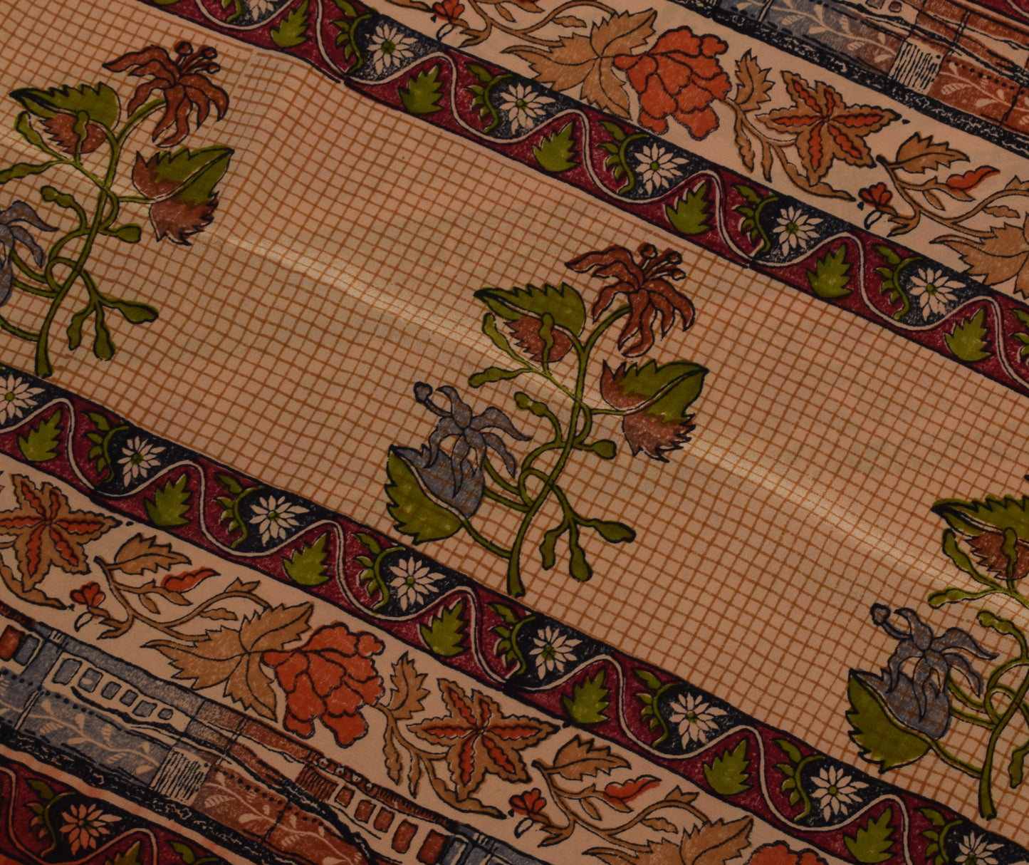 Sushila Vintage Light Brown Saree Pure Crepe Silk Printed Floral Soft Fabric