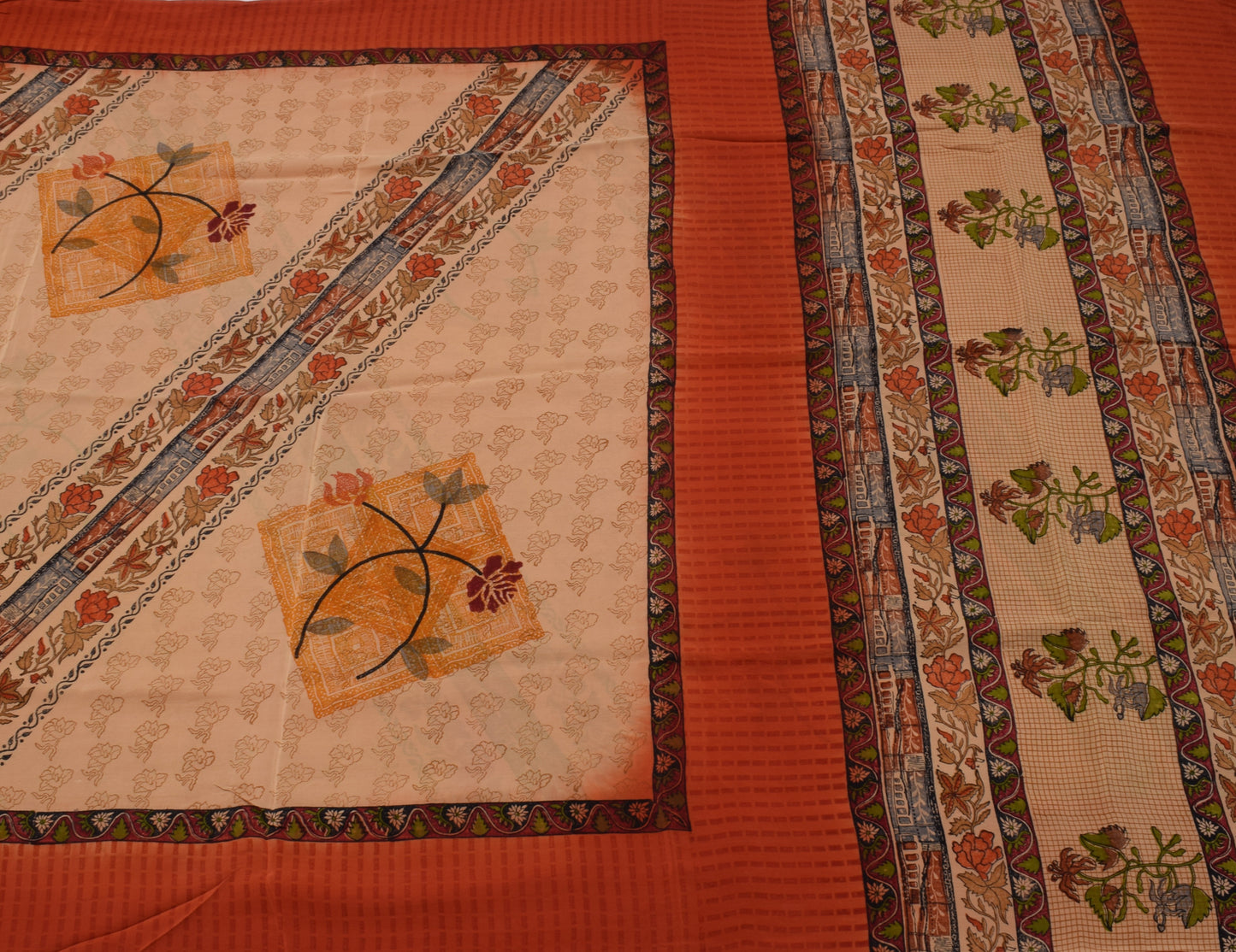 Sushila Vintage Light Brown Saree Pure Crepe Silk Printed Floral Soft Fabric