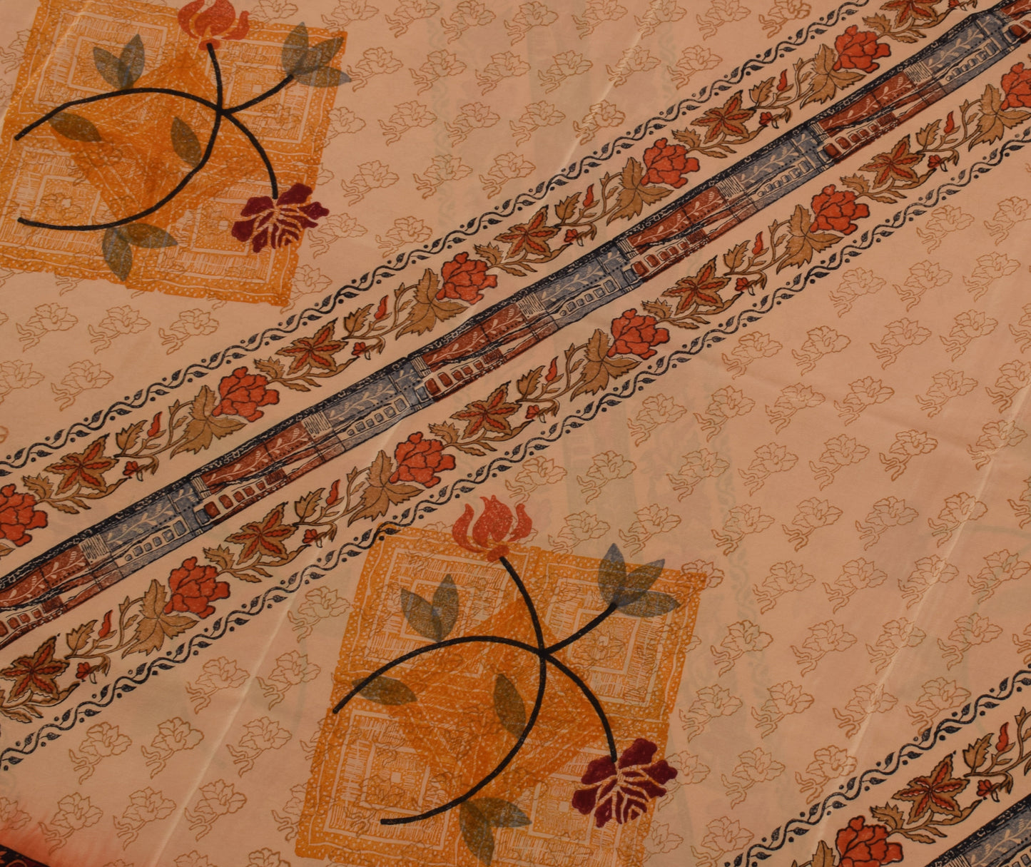 Sushila Vintage Light Brown Saree Pure Crepe Silk Printed Floral Soft Fabric