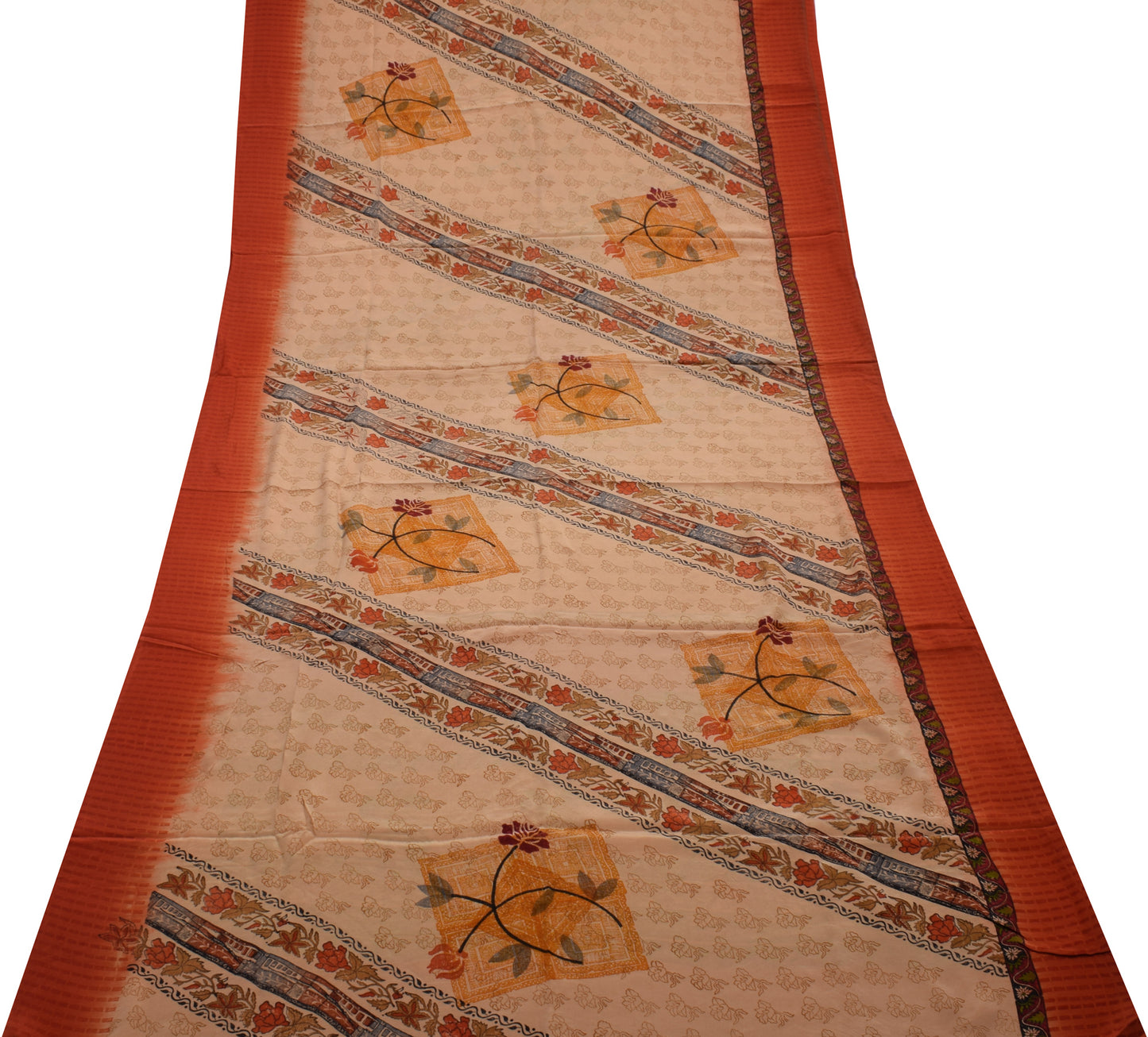 Sushila Vintage Light Brown Saree Pure Crepe Silk Printed Floral Soft Fabric