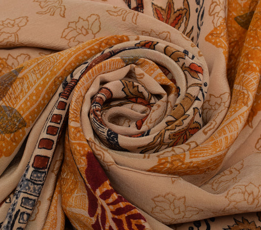 Sushila Vintage Light Brown Saree Pure Crepe Silk Printed Floral Soft Fabric