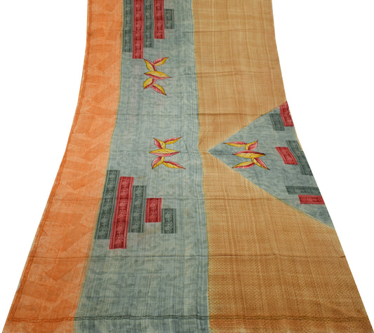 Sushila Vintage Indian Saree 100% Pure Crepe Silk Printed 5 Yard Soft Fabric