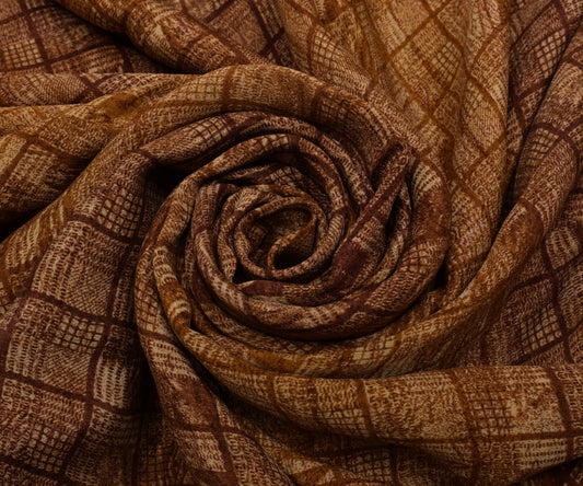 Sushila Vintage Brown Saree 100% Pure Crepe Silk Printed 5 Yard Soft Fabric