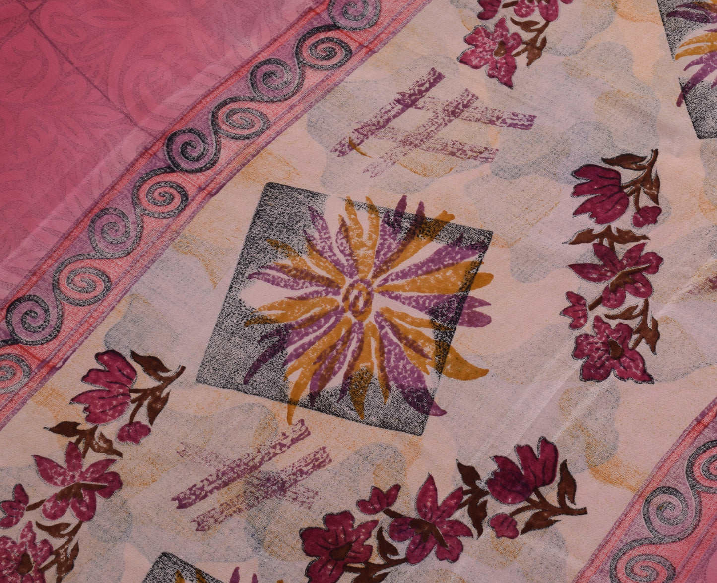 Sushila Vintage Pink Saree 100% Pure Crepe Silk Printed Floral Soft Fabric