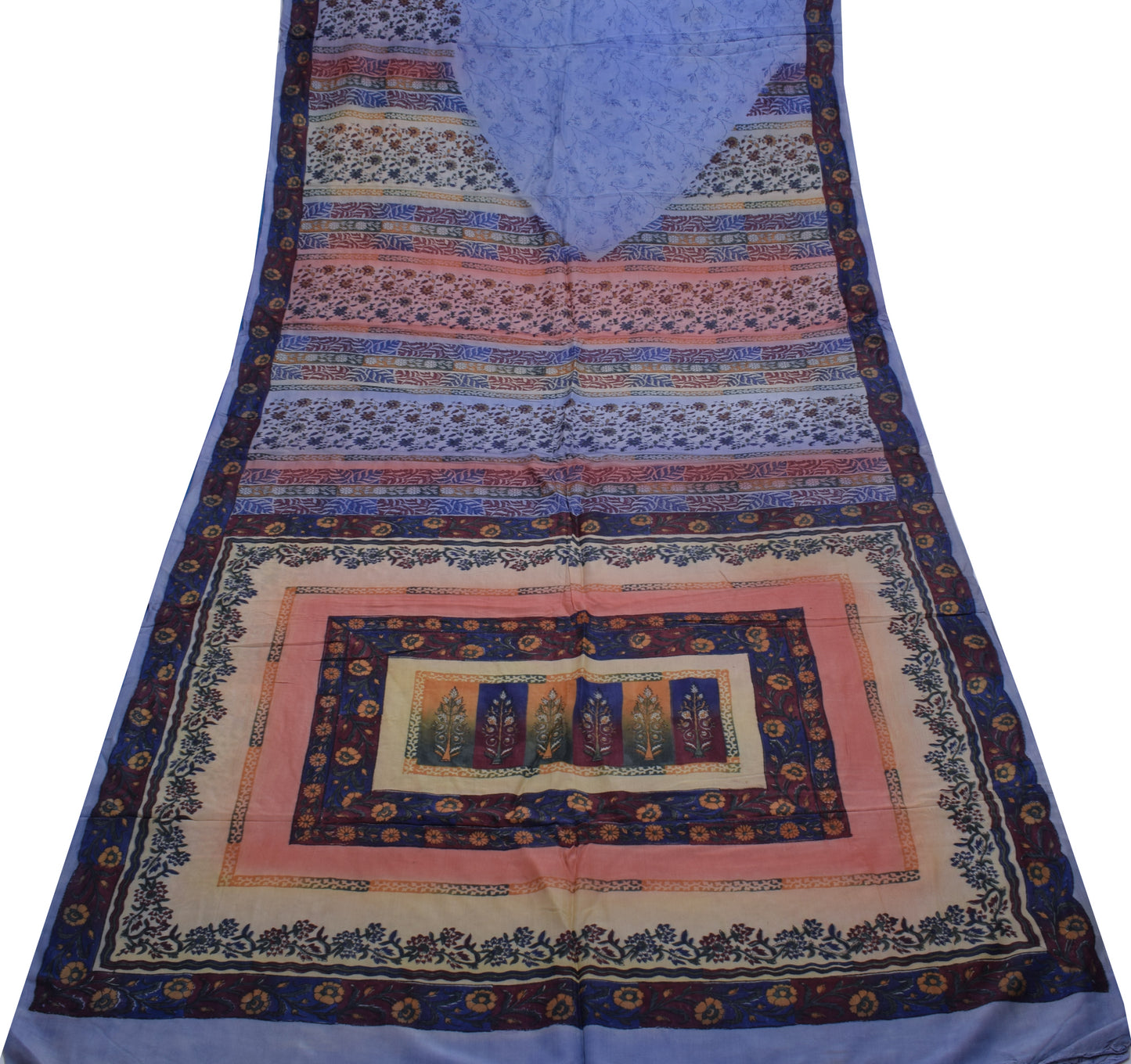 Sushila Vintage Blue Saree 100% Pure Crepe Silk Printed Floral 5 YD Soft Fabric