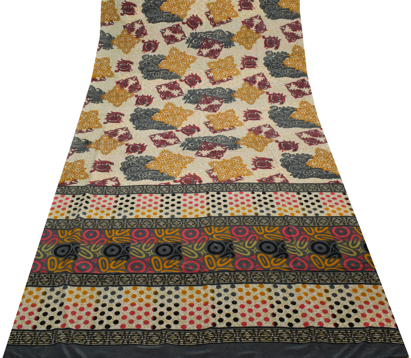 Sushila Vintage Cream Saree Blend Crepe Silk Printed Floral Soft Craft Fabric