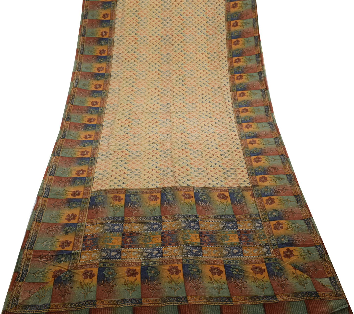 Sushila Vintage Cream Saree 100% Pure Crepe Silk Printed Floral Soft Fabric