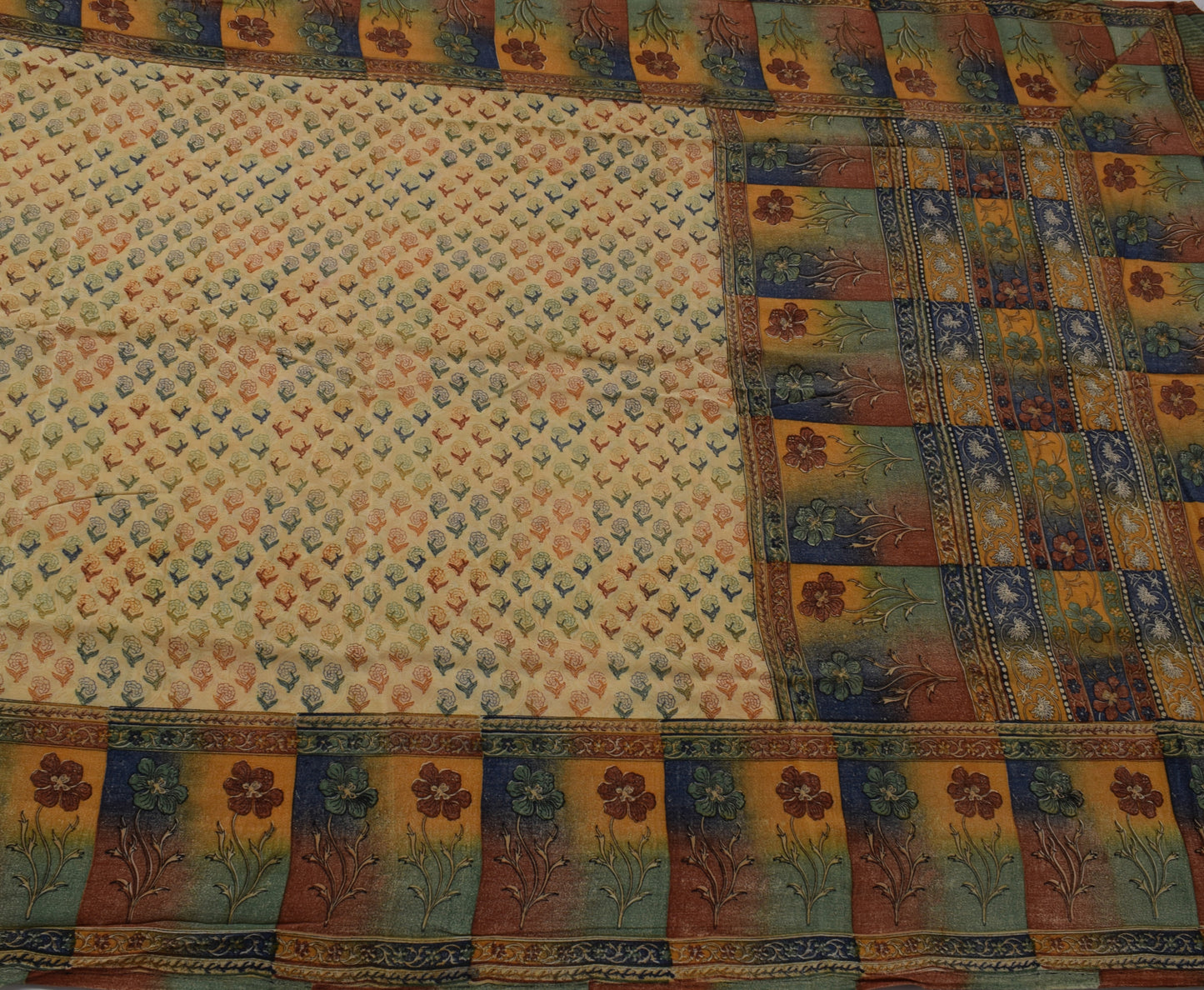 Sushila Vintage Cream Saree 100% Pure Crepe Silk Printed Floral Soft Fabric