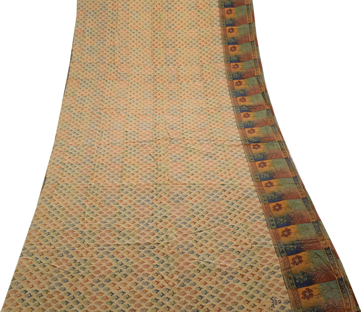 Sushila Vintage Cream Saree 100% Pure Crepe Silk Printed Floral Soft Fabric