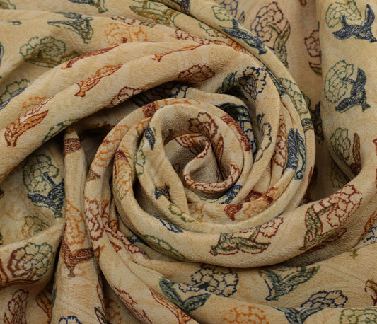 Sushila Vintage Cream Saree 100% Pure Crepe Silk Printed Floral Soft Fabric