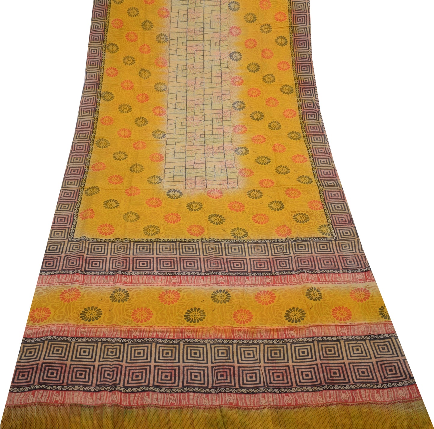Sushila Vintage Yellow Saree 100% Pure Crepe Silk Printed Floral Soft Fabric