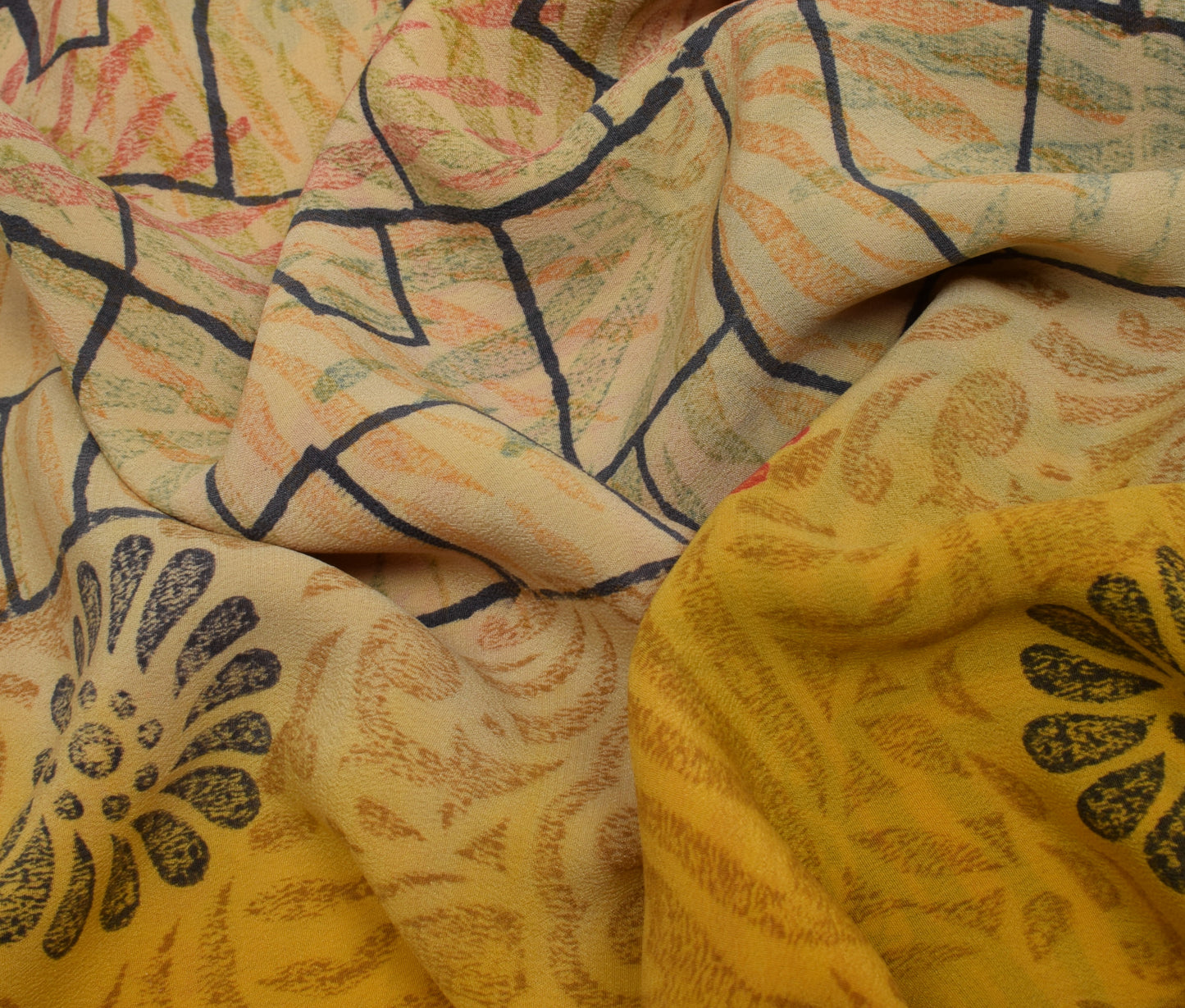 Sushila Vintage Yellow Saree 100% Pure Crepe Silk Printed Floral Soft Fabric