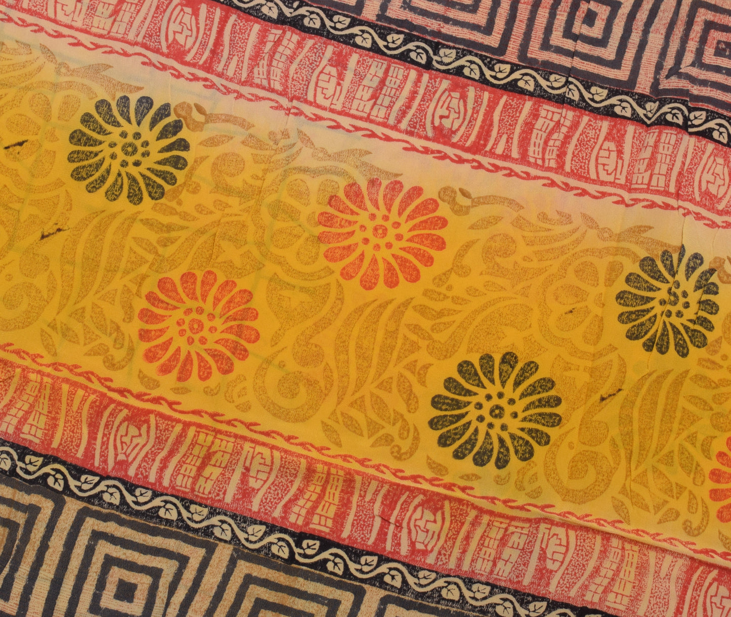 Sushila Vintage Yellow Saree 100% Pure Crepe Silk Printed Floral Soft Fabric