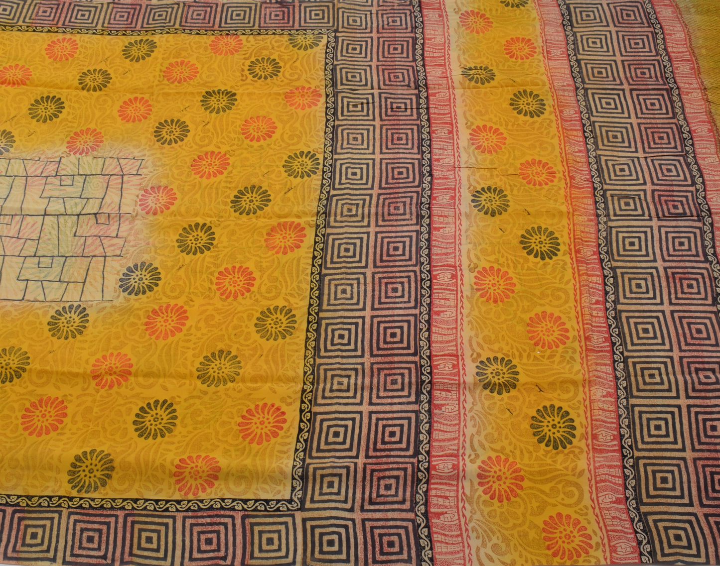 Sushila Vintage Yellow Saree 100% Pure Crepe Silk Printed Floral Soft Fabric