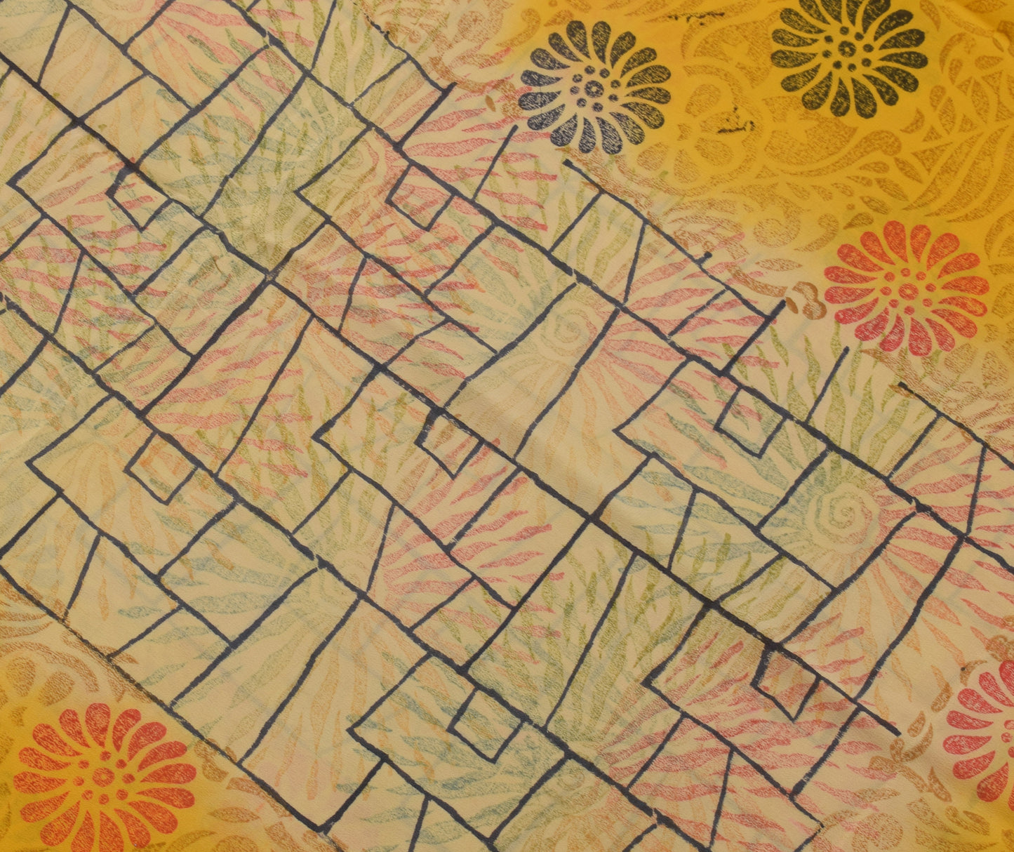 Sushila Vintage Yellow Saree 100% Pure Crepe Silk Printed Floral Soft Fabric