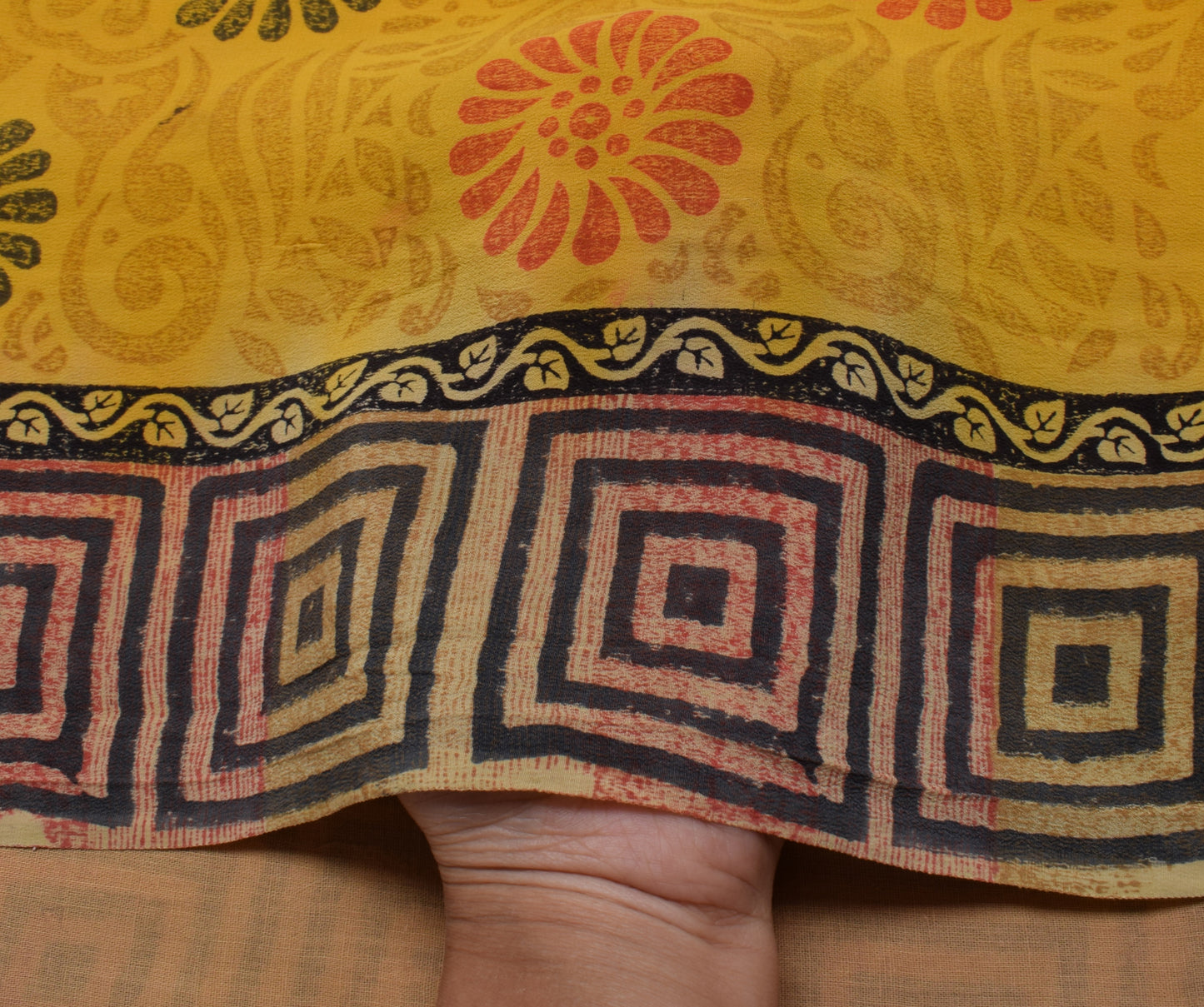 Sushila Vintage Yellow Saree 100% Pure Crepe Silk Printed Floral Soft Fabric