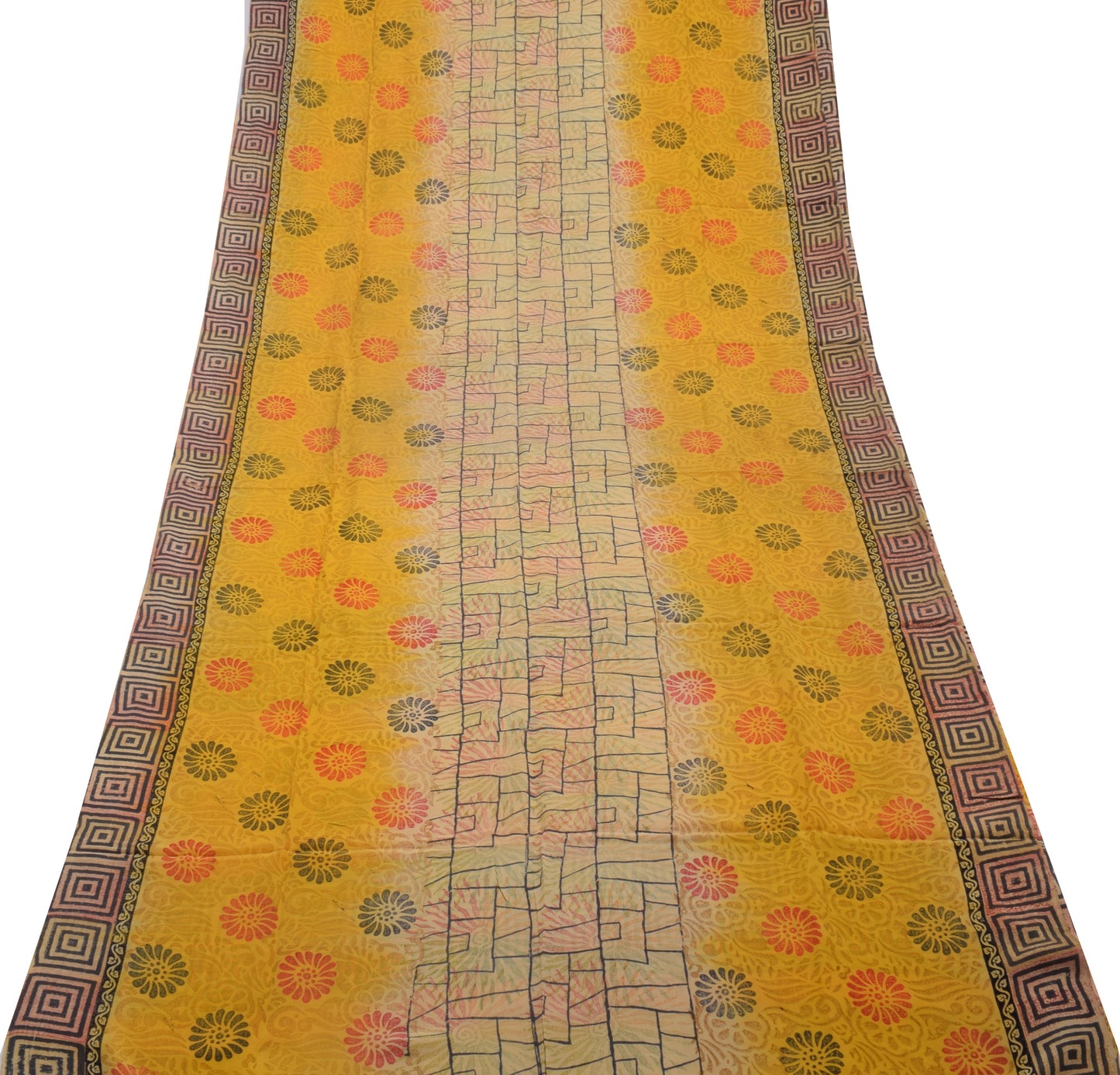 Sushila Vintage Yellow Saree 100% Pure Crepe Silk Printed Floral Soft Fabric