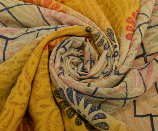 Sushila Vintage Yellow Saree 100% Pure Crepe Silk Printed Floral Soft Fabric