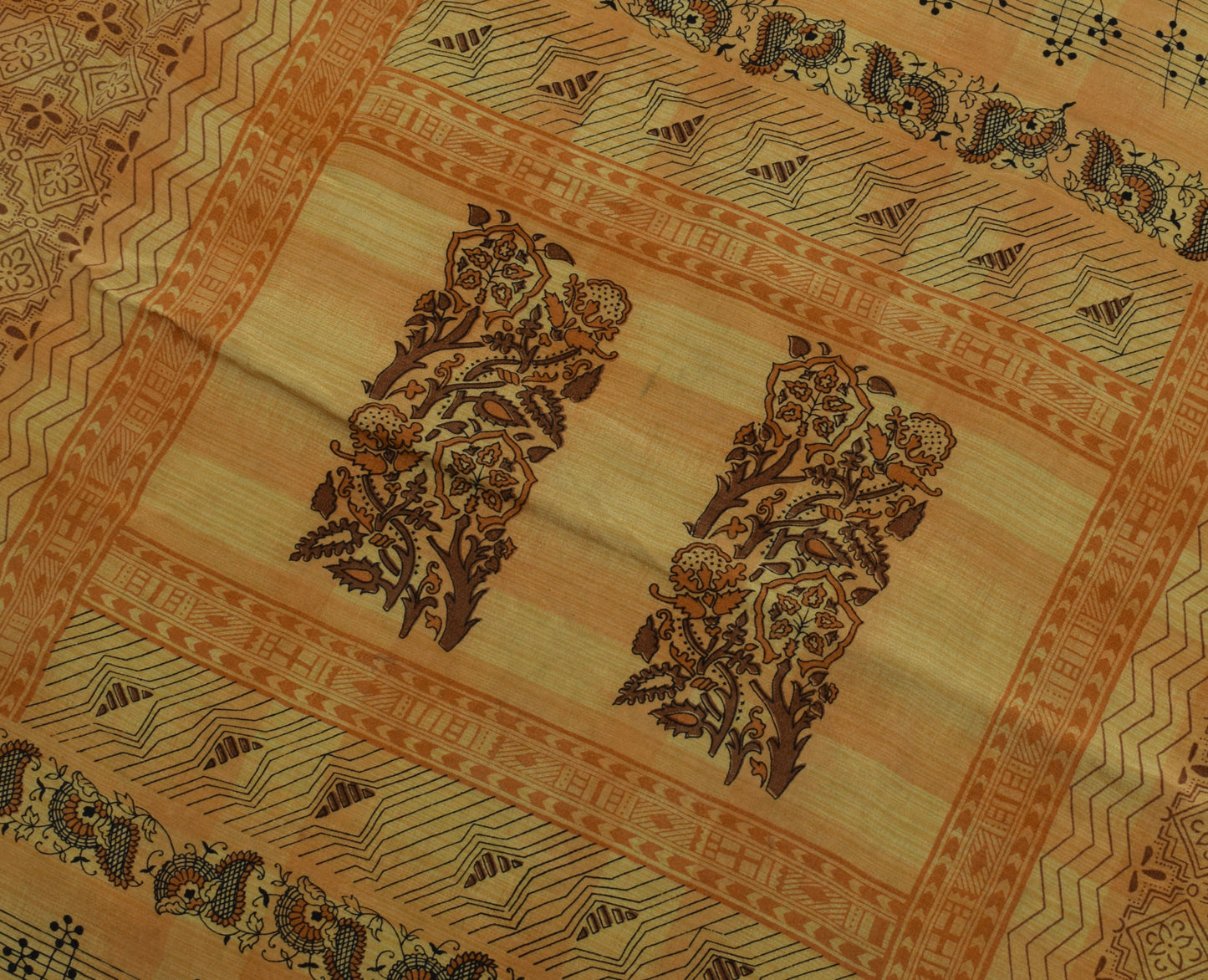 Sushila Vintage Mustard Saree 100% Pure Crepe Silk Printed Floral Soft Fabric