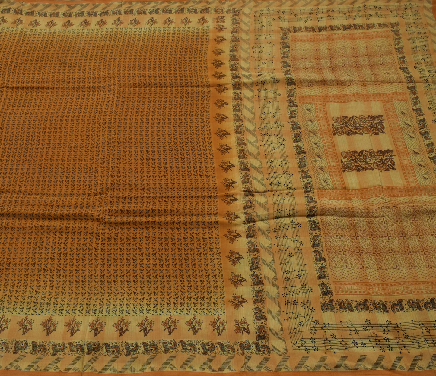 Sushila Vintage Mustard Saree 100% Pure Crepe Silk Printed Floral Soft Fabric