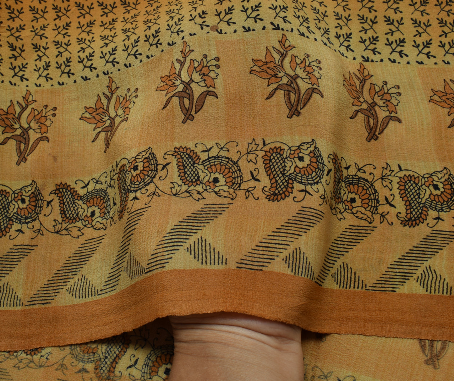 Sushila Vintage Mustard Saree 100% Pure Crepe Silk Printed Floral Soft Fabric