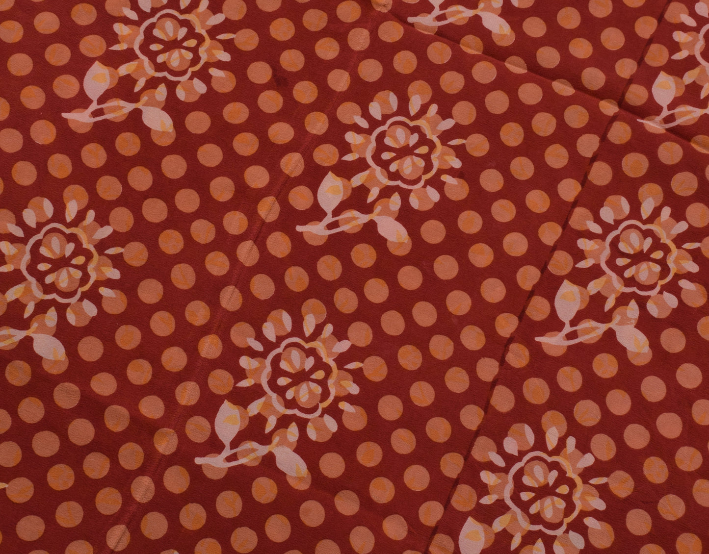 Sushila Vintage Indian Saree 100% Pure Crepe Silk Printed Polka Dots Soft Fabric