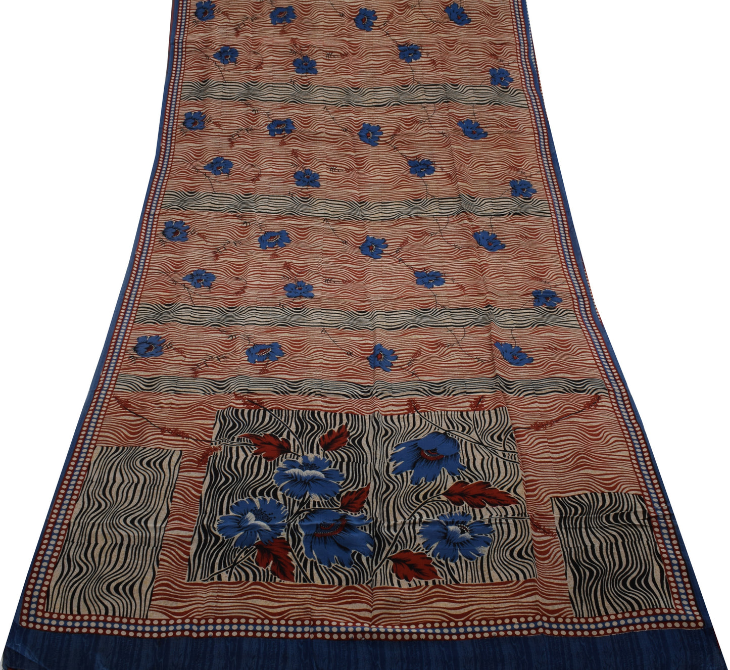 Sushila Vintage Cream Saree 100% Pure Crepe Silk Printed Floral Soft Fabric